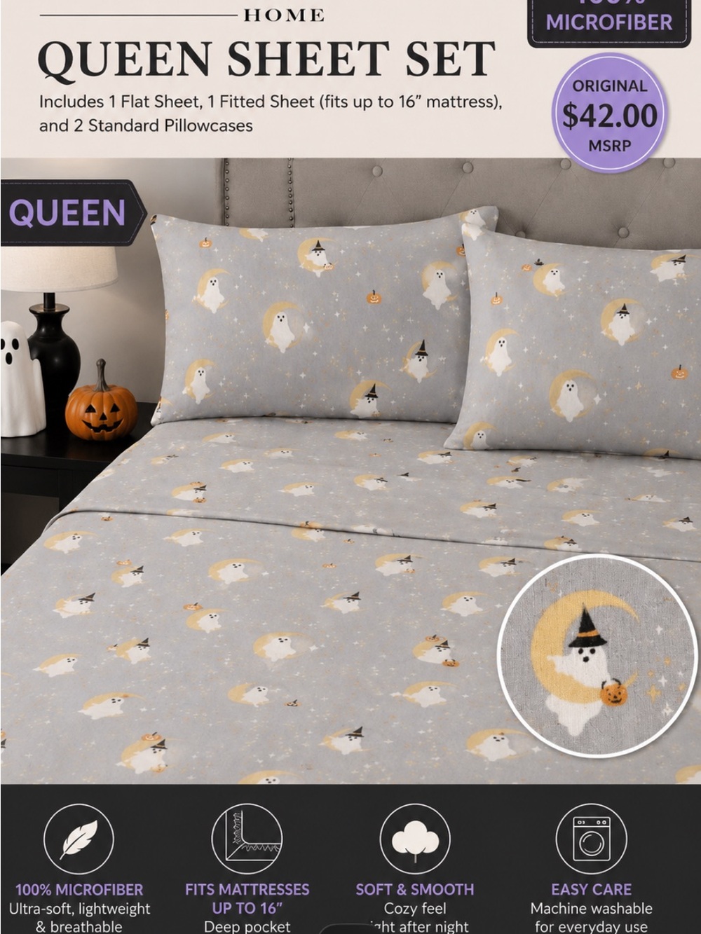 Max Studio Queen Sheet Set - Gray Halloween Ghost Print